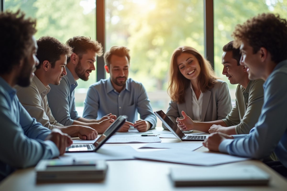Groupe diversifié en réunion avec table lumineuse et documents de gestion