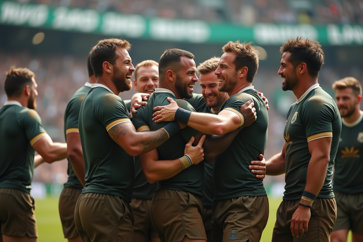 Joueurs de rugby célébrant ensemble après un match difficile