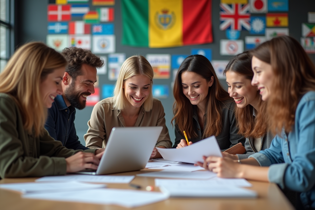 Groupe de traducteurs collaborant dans un espace de coworking lumineux