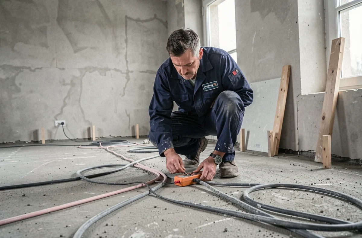 Technicien Eralec testant un circuit de chauffage électrique au sol dans une maison en rénovation en Val-d'Oise