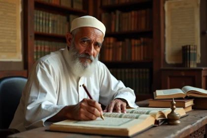 Érudit islamique âgé lisant une traduction française du Coran avec des manuscrits arabes sur un bureau en bois dans une bibliothèque traditionnelle