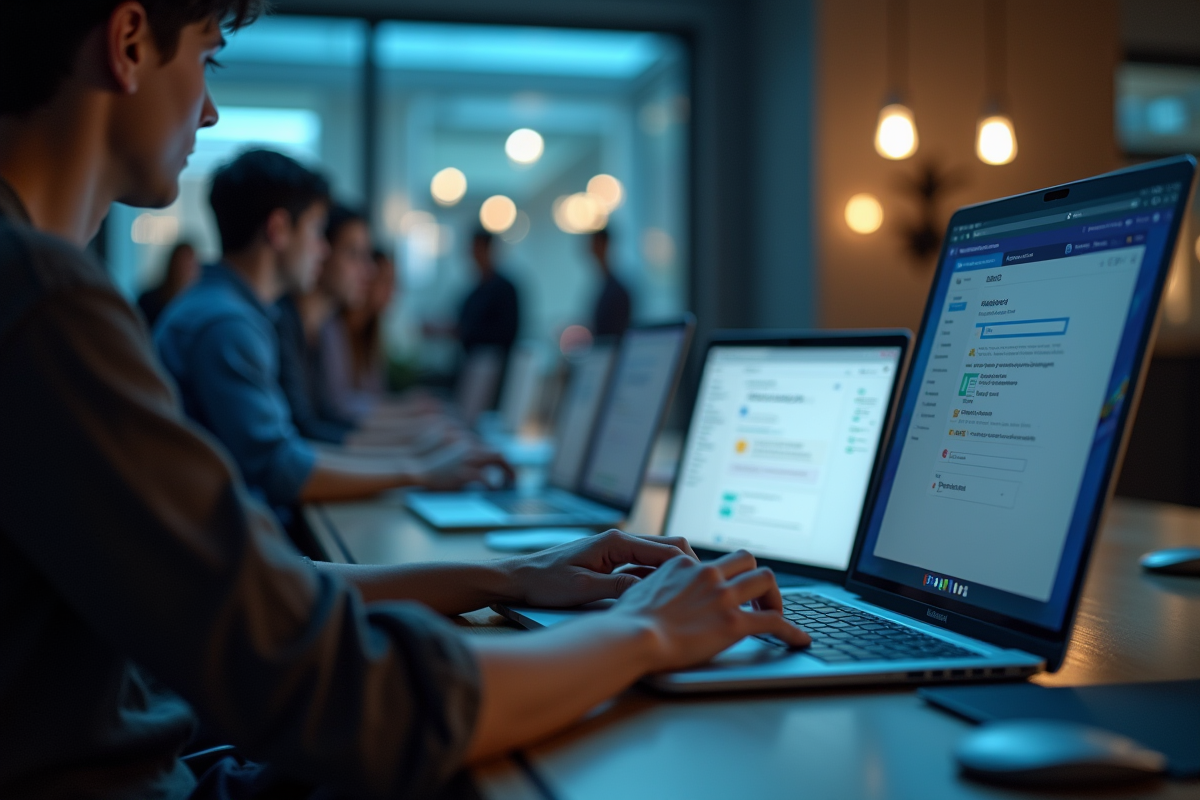 Espace de travail lumineux avec plusieurs personnes utilisant Outlook