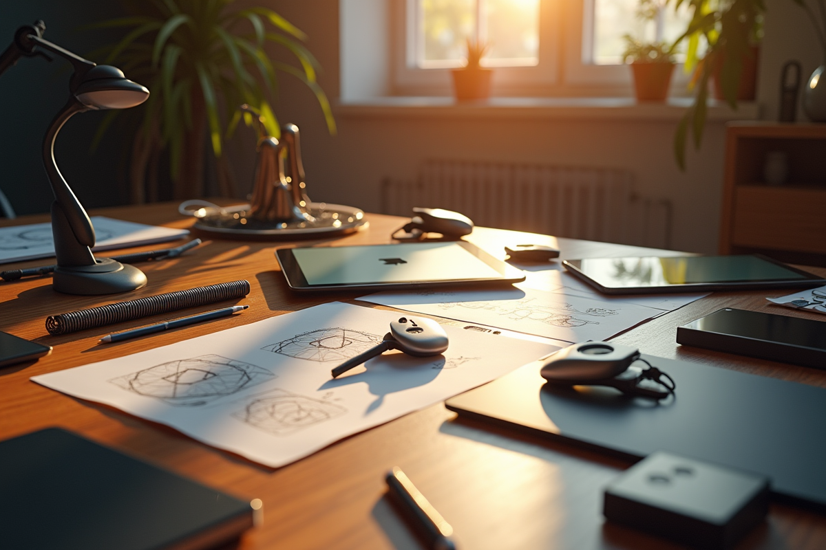 Espace de travail créatif avec prototypes et croquis technologiques