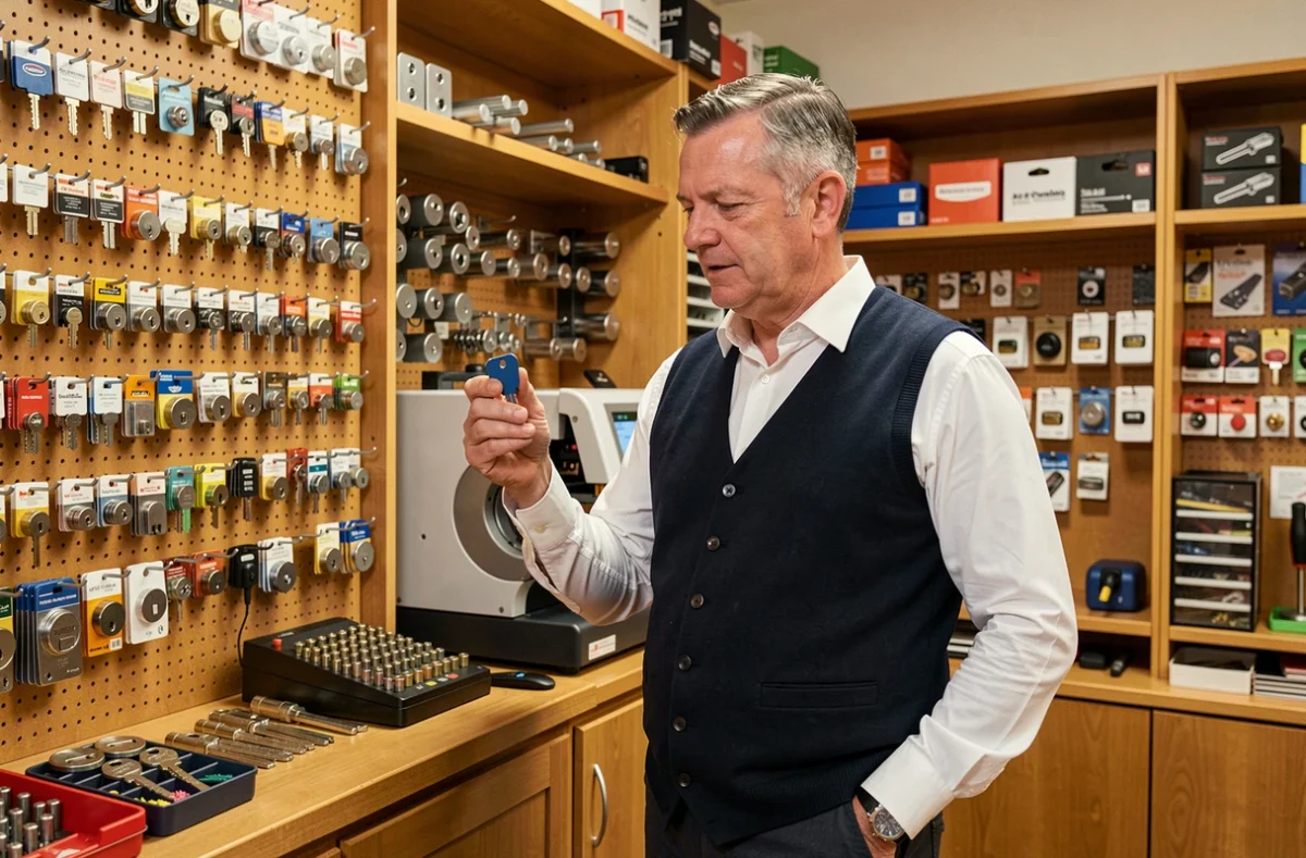 Serrurier d'Espace Serrurerie Rennes dans sa boutique inspectant une clé fraîchement découpée