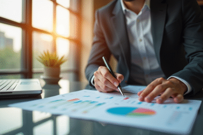 Espace de travail professionnel avec un homme confiant analysant des documents