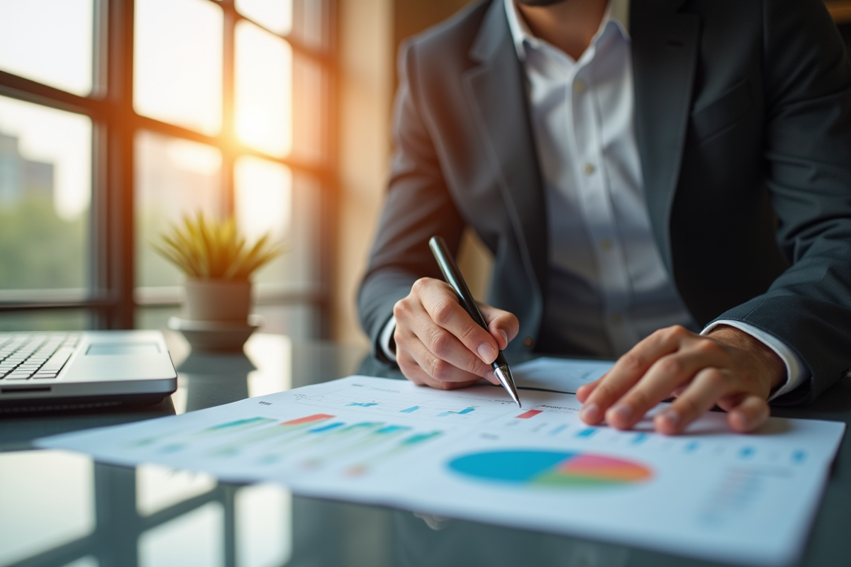 Espace de travail professionnel avec un homme confiant analysant des documents