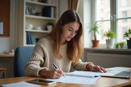 Etudiant en dormitory vérifiant ses finances personnelles