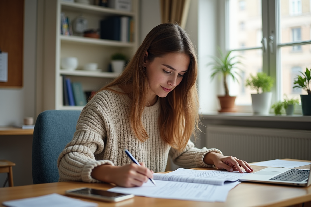 Etudiant en dormitory vérifiant ses finances personnelles
