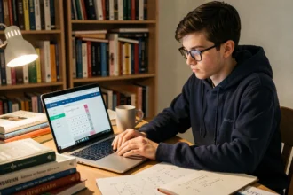 Étudiant en physique vérifiant un calcul de champ électrique sur le site cat29.fr depuis son bureau universitaire