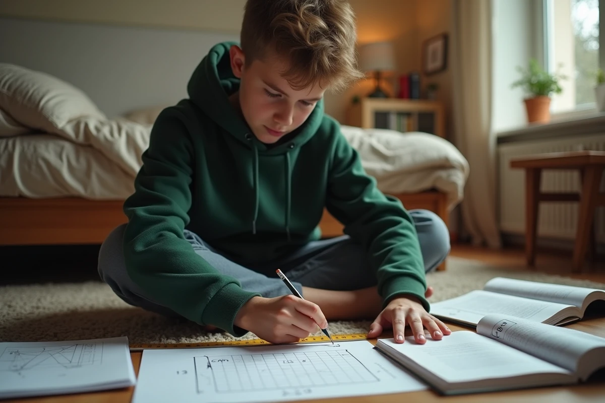 Adolescent révisant la conversion de mètres carrés en centimètres carrés avec un schéma de grille sur le sol de sa chambre