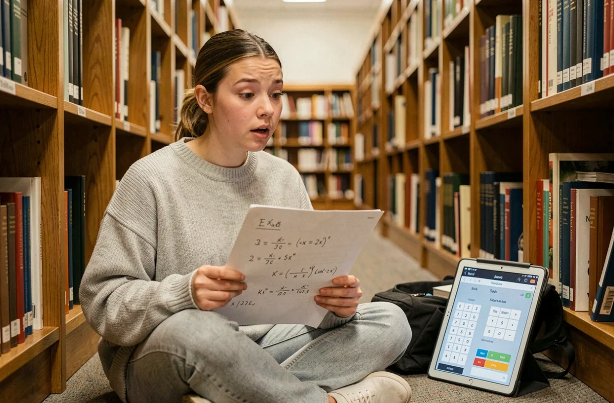 Étudiante comparant ses calculs de champ électrique avec les résultats de cat29.fr dans une bibliothèque universitaire