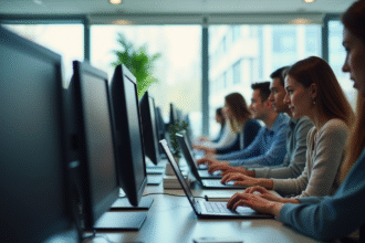 Etudiants en informatique dans une bibliothèque lumineuse