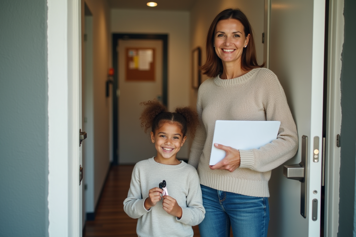 Femme et fille devant leur appartement moderne avec clés