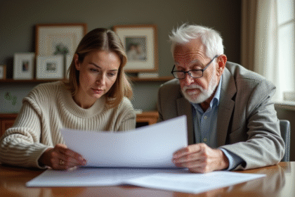 Une femme d'âge moyen et un homme âgé lisant des documents