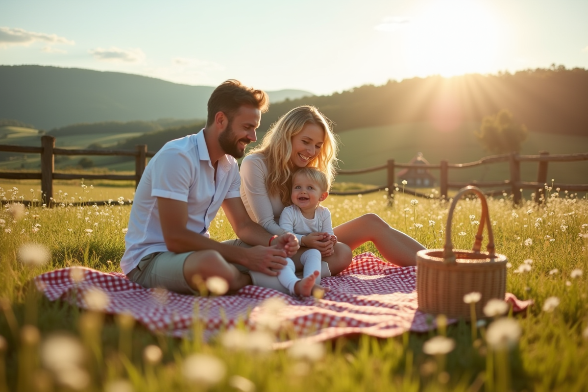 Famille pique-niquant dans un champ en campagne
