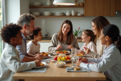Famille recomposée partageant un repas convivial à la maison