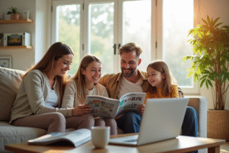 Famille heureuse dans le salon regardant la télé et un ordinateur
