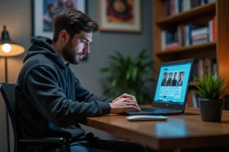 Fan consultant le site jacksonrathbone.fr sur un ordinateur portable dans un bureau décoré de posters de films