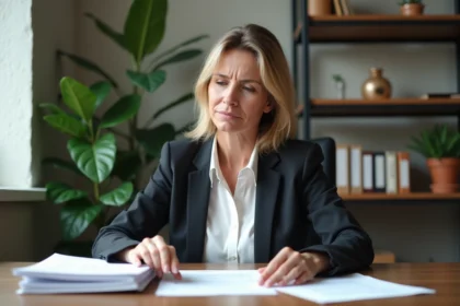 Femme d'affaires méditative examinant des documents légaux