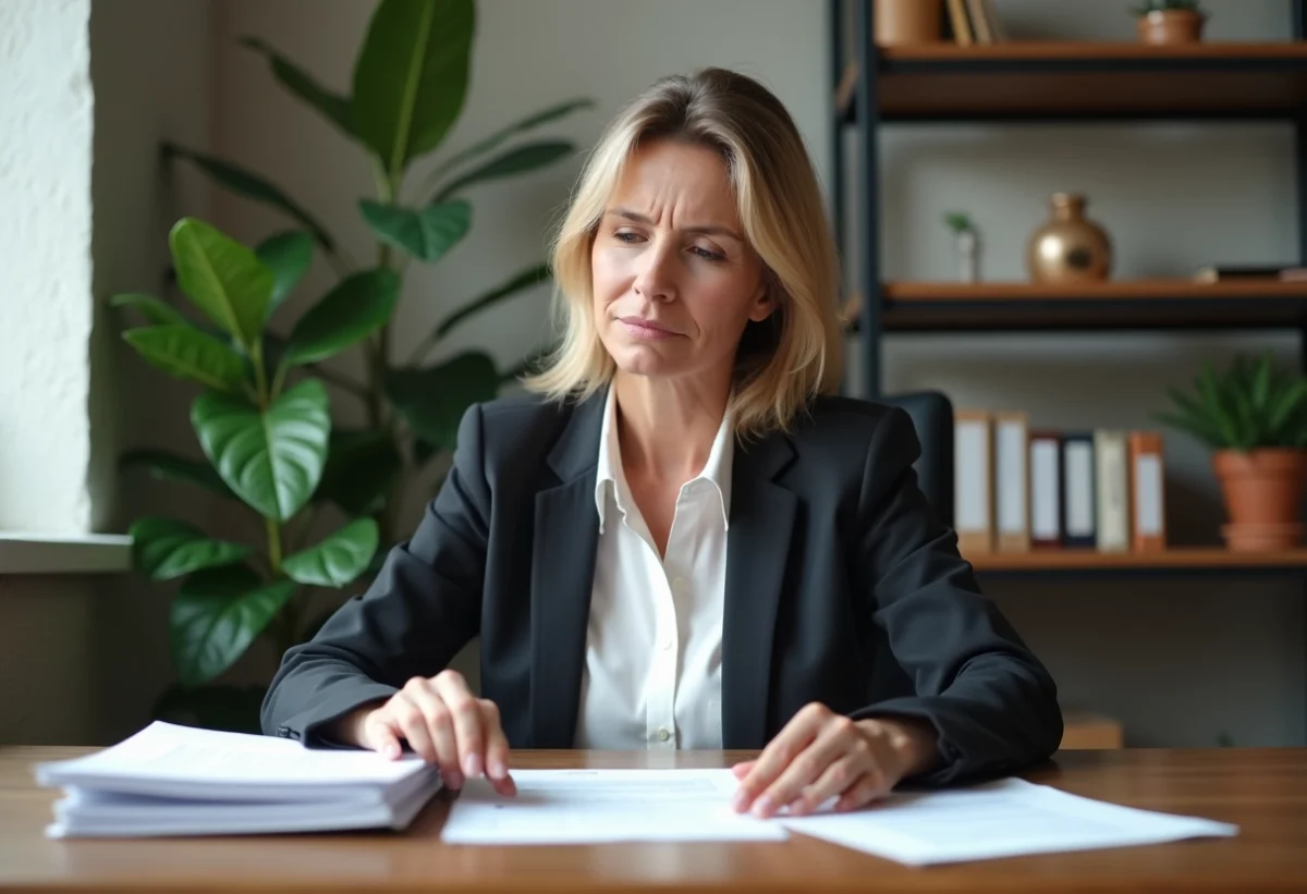 Femme d'affaires méditative examinant des documents légaux