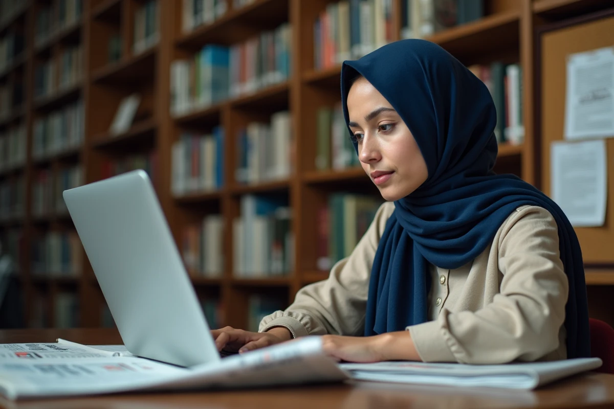 Jeune femme algérienne comparant les sites d'information des chaînes TV algériennes sur un ordinateur portable