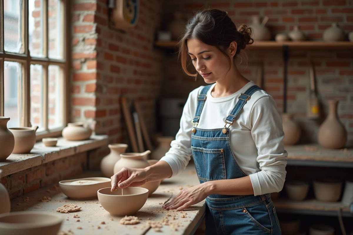 Artisane concentrée arrangeant des céramiques dans son atelier, symbole du travail manuel féminin valorisé et du courage artisanal quotidien