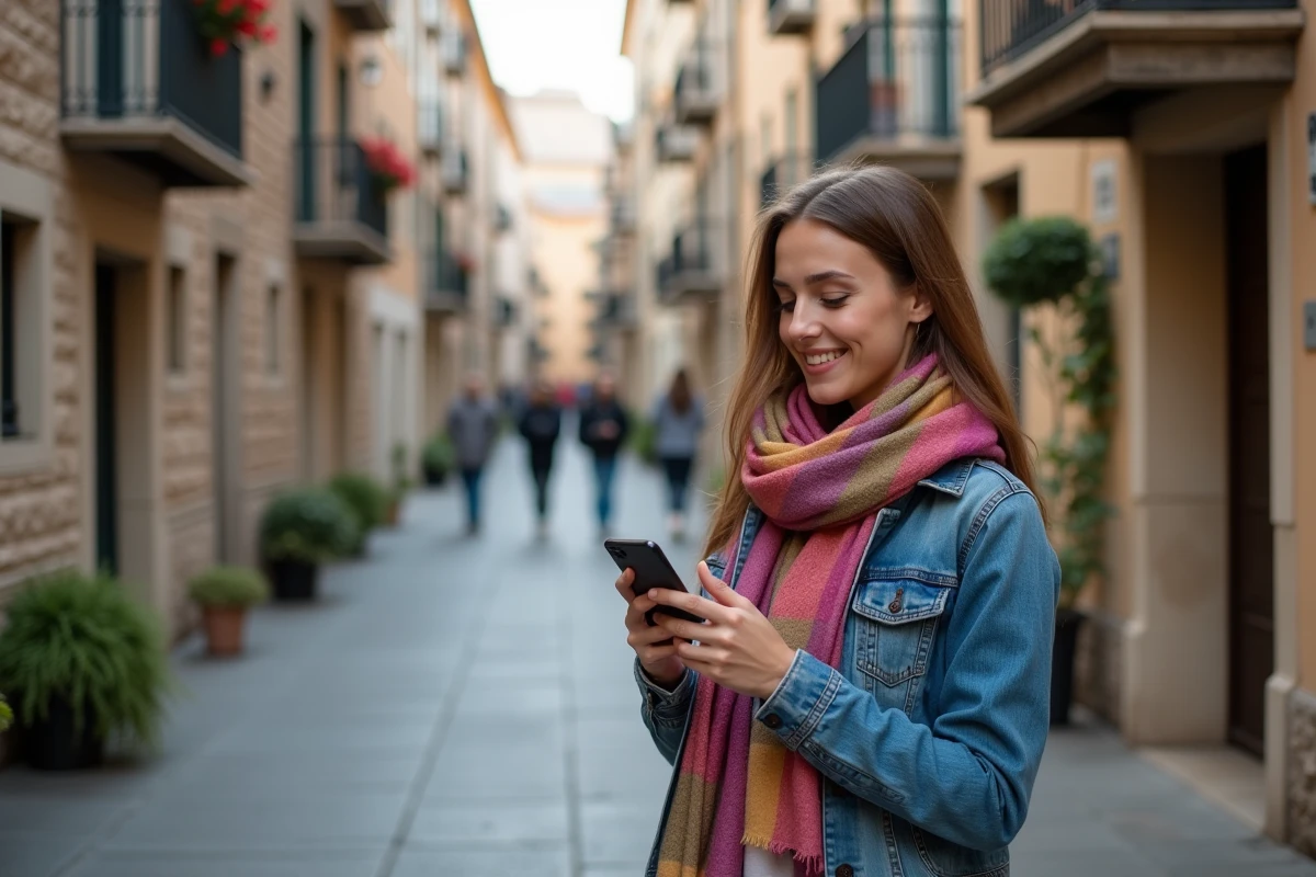 Jeune femme souriante attendant dehors en regardant son téléphone