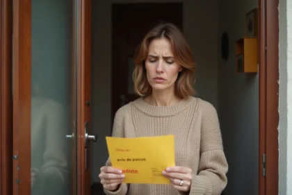 Femme tenant un avis de passage recommandé 2C devant sa porte d'entrée, air perplexe
