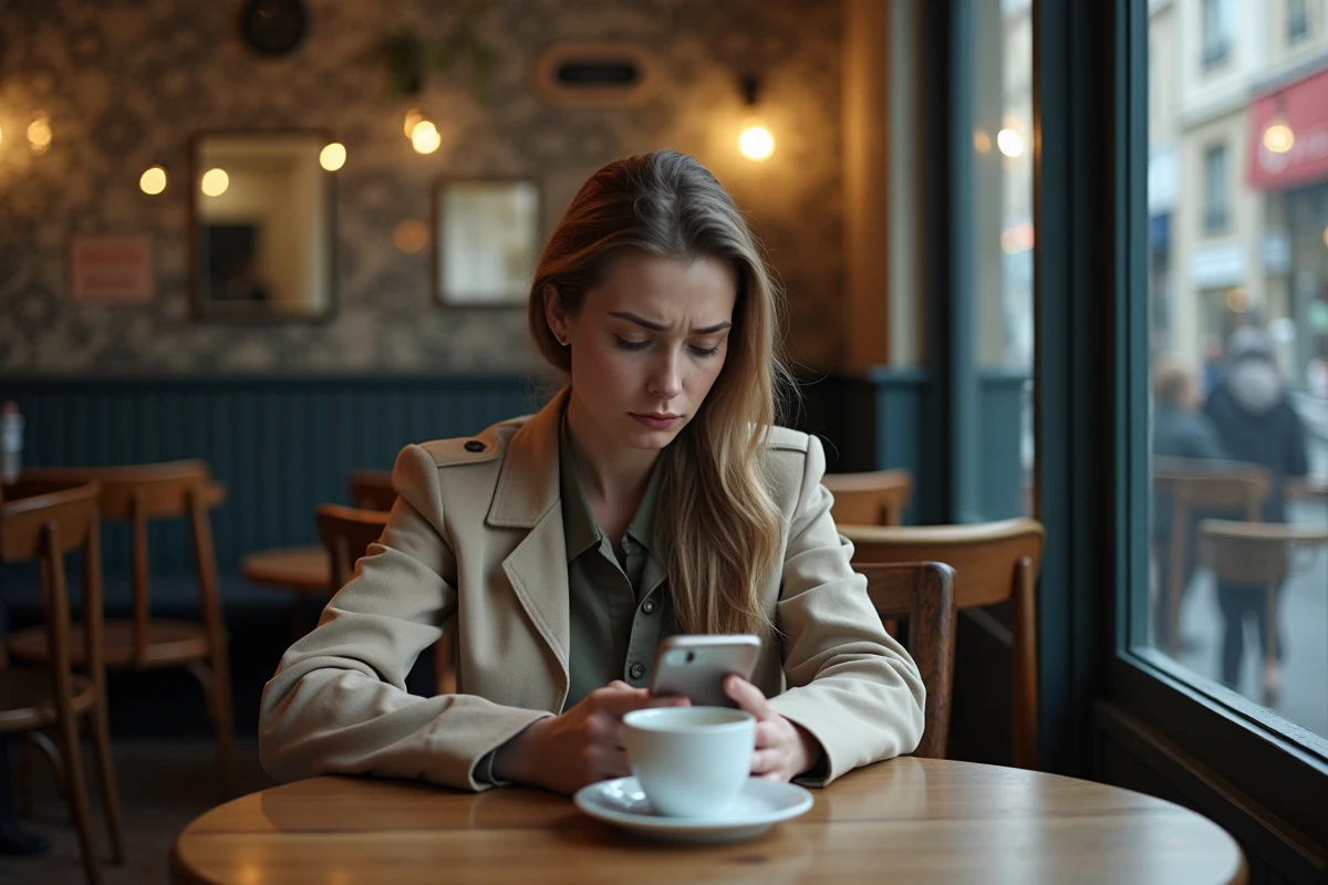 Femme seule dans un café regardant son téléphone avec une expression blessée et confuse, symbolisant les conséquences émotionnelles d'un comportement goujat ou toxique