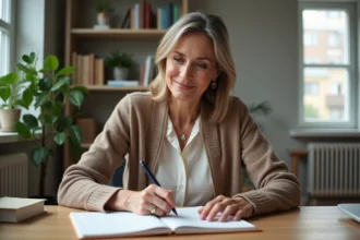 Femme d'âge moyen écrivant dans un carnet dans un bureau lumineux