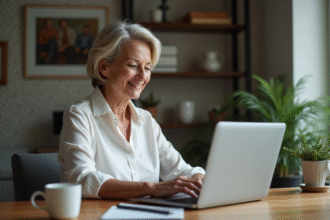 Femme d'âge moyen utilisant un ordinateur portable dans un bureau moderne