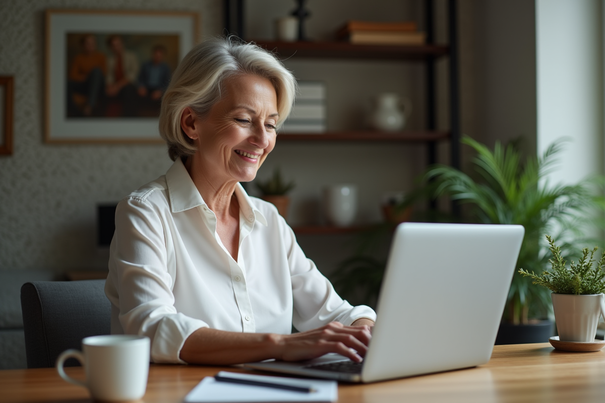Femme d'âge moyen utilisant un ordinateur portable dans un bureau moderne