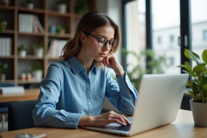 Jeune femme au bureau avec ordinateur portable et plantes