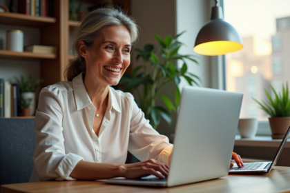 Femme souriante dans un bureau à domicile moderne
