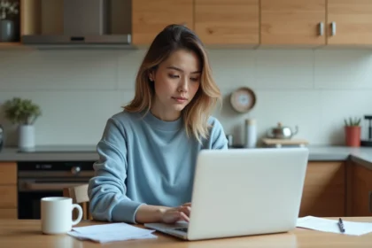 Femme assise à la maison utilisant un ordinateur portable