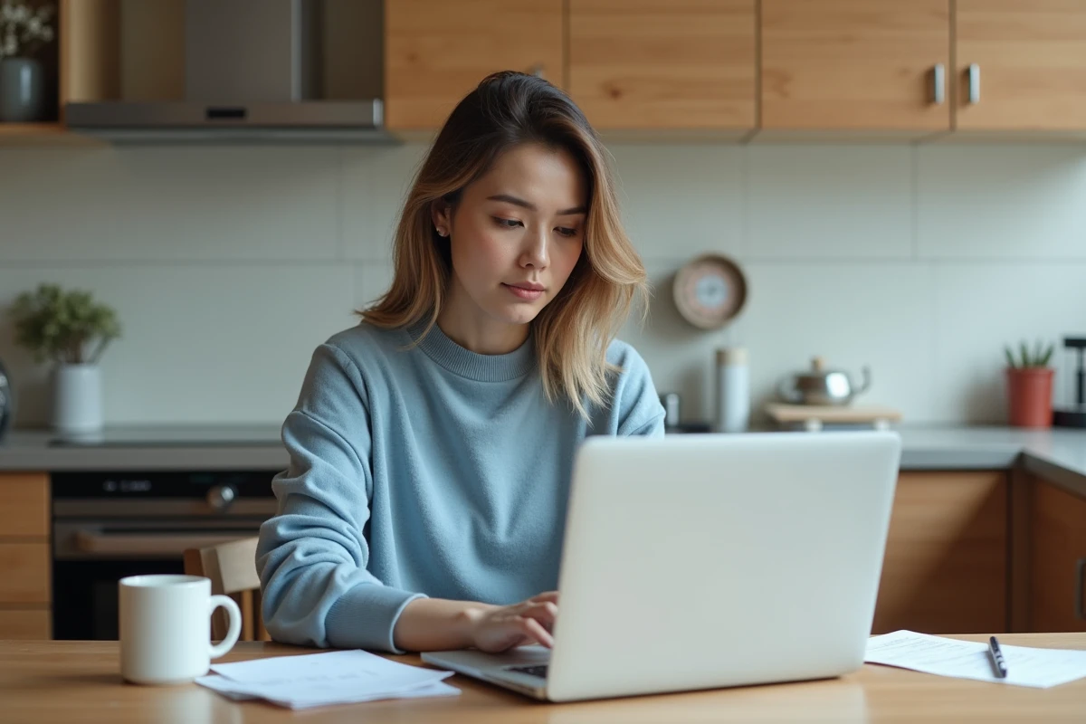 Femme assise à la maison utilisant un ordinateur portable