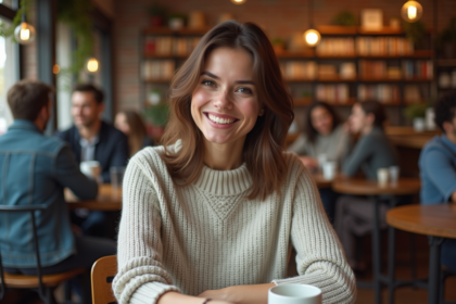 Femme souriante dans un café convivial et chaleureux
