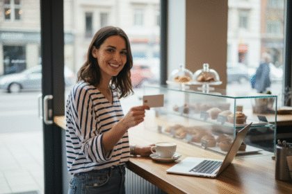 Jeune femme souriante utilisant une carte contactless au café