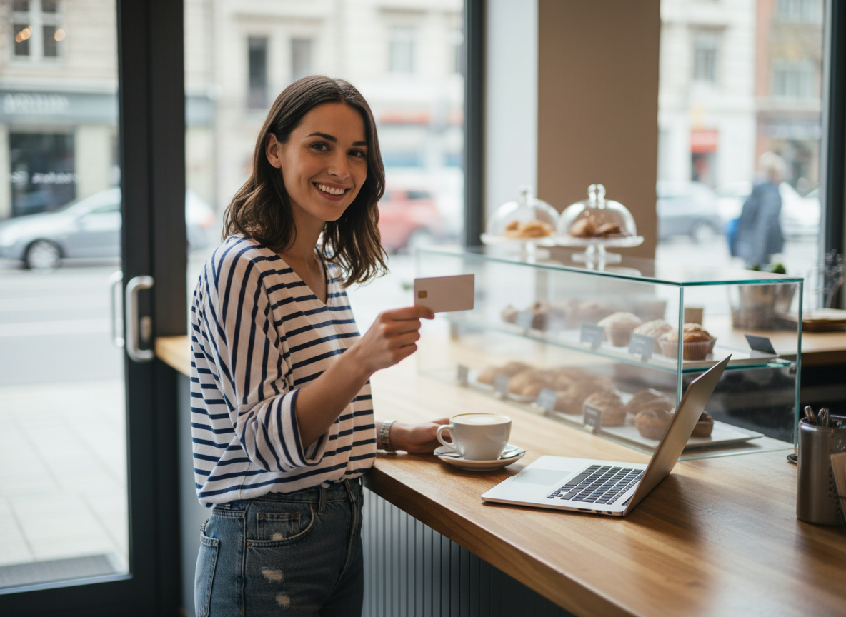 Jeune femme souriante utilisant une carte contactless au café