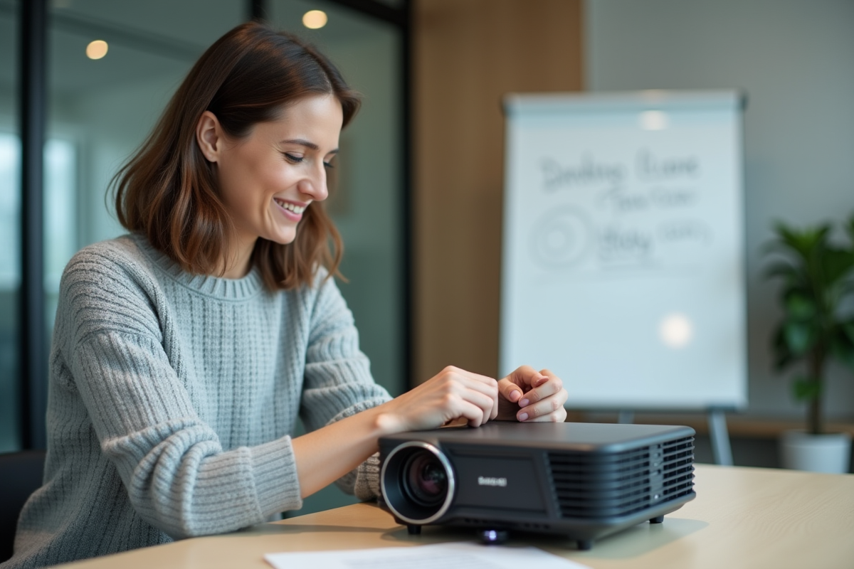 Femme souriante installant une nouvelle ampoule dans un projecteur