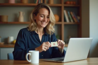 Femme souriante tenant un chèque cadeau Infini devant son ordinateur portable à la maison