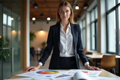 Femme confiante en bureau moderne avec mood boards