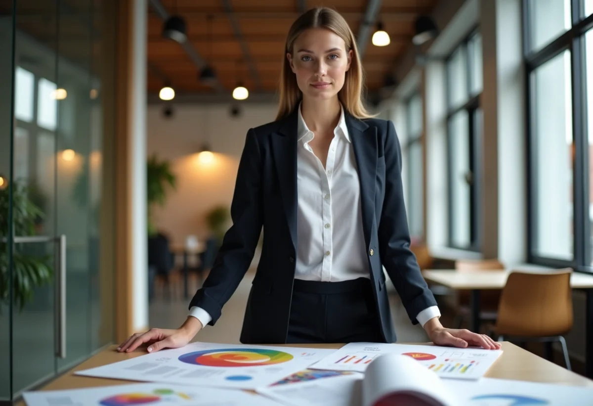Femme confiante en bureau moderne avec mood boards