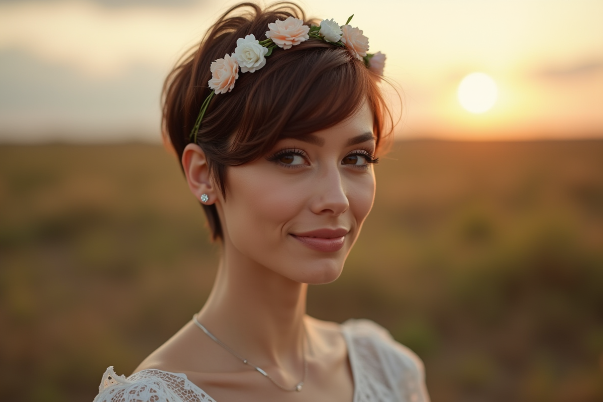 Femme confiante avec coupe pixie et headband floral