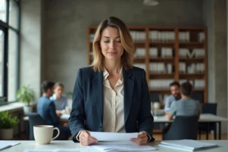 Femme professionnelle confiante debout à son bureau dans un open space moderne, illustrant le courage et la détermination au travail