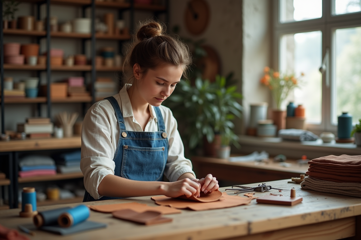 Jeune femme cousant un portefeuille en cuir dans un atelier lumineux