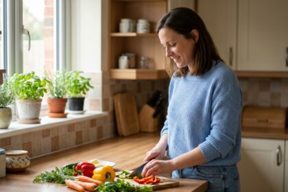 Femme en cuisine préparant des légumes dans une ambiance chaleureuse