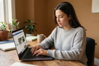 Jeune femme consultant un site d'actualités sur son ordinateur portable dans un bureau à domicile chaleureux