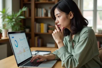 Femme découvrant une nouvelle plateforme numérique sur son ordinateur portable dans un bureau à domicile