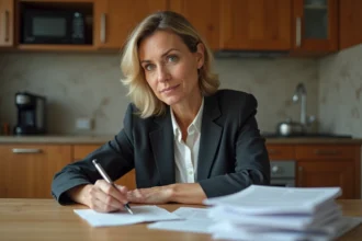 Femme d'âge moyen écrit une lettre dans la cuisine chaleureuse